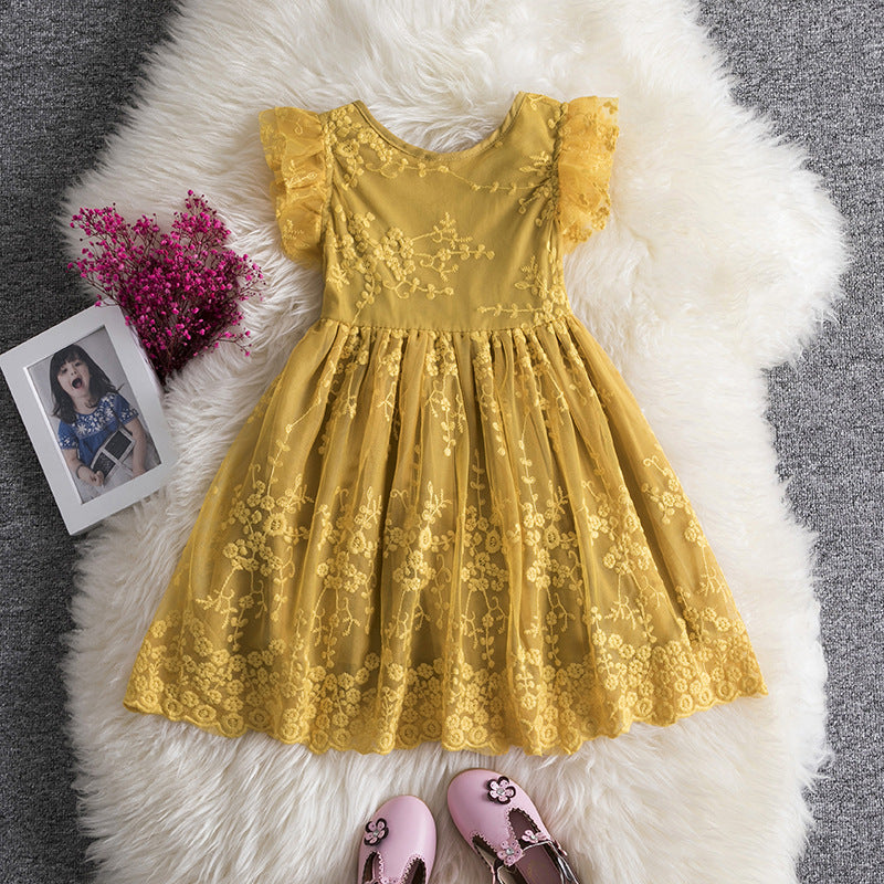 Robe de Demoiselle d'Honneur pour Bébé Fille Été Brodé Dentelle Maille Fleur Robe de Princesse Anniversaire
