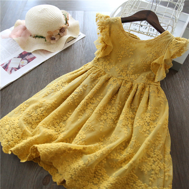 Robe de Demoiselle d'Honneur pour Bébé Fille Été Brodé Dentelle Maille Fleur Robe de Princesse Anniversaire