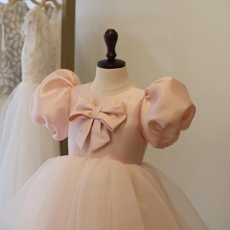 Robe de Princesse Formelle Fille Bébé Été Manches Bouffantes Nœud Papillon Moelleuse Robe de Soirée d'Anniversaire Robes de Bal pour Tout-petits