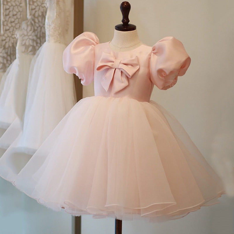 Robe de Princesse Formelle Fille Bébé Été Manches Bouffantes Nœud Papillon Moelleuse Robe de Soirée d'Anniversaire Robes de Bal pour Tout-petits