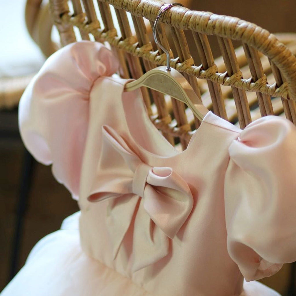 Robe de Princesse Formelle Fille Bébé Été Manches Bouffantes Nœud Papillon Moelleuse Robe de Soirée d'Anniversaire Robes de Bal pour Tout-petits