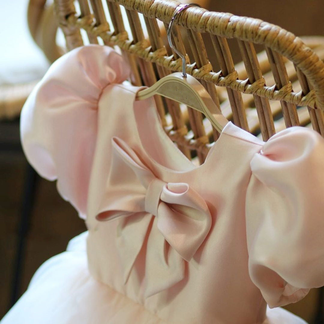 Robe de Princesse Formelle Fille Bébé Été Manches Bouffantes Nœud Papillon Moelleuse Robe de Soirée d'Anniversaire Robes de Bal pour Tout-petits