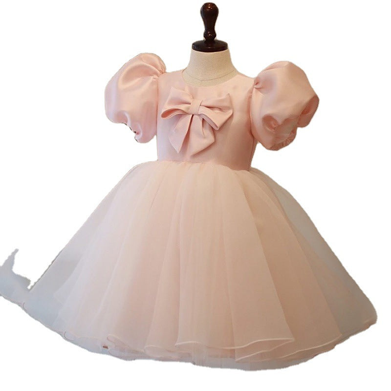 Robe de Princesse Formelle Fille Bébé Été Manches Bouffantes Nœud Papillon Moelleuse Robe de Soirée d'Anniversaire Robes de Bal pour Tout-petits
