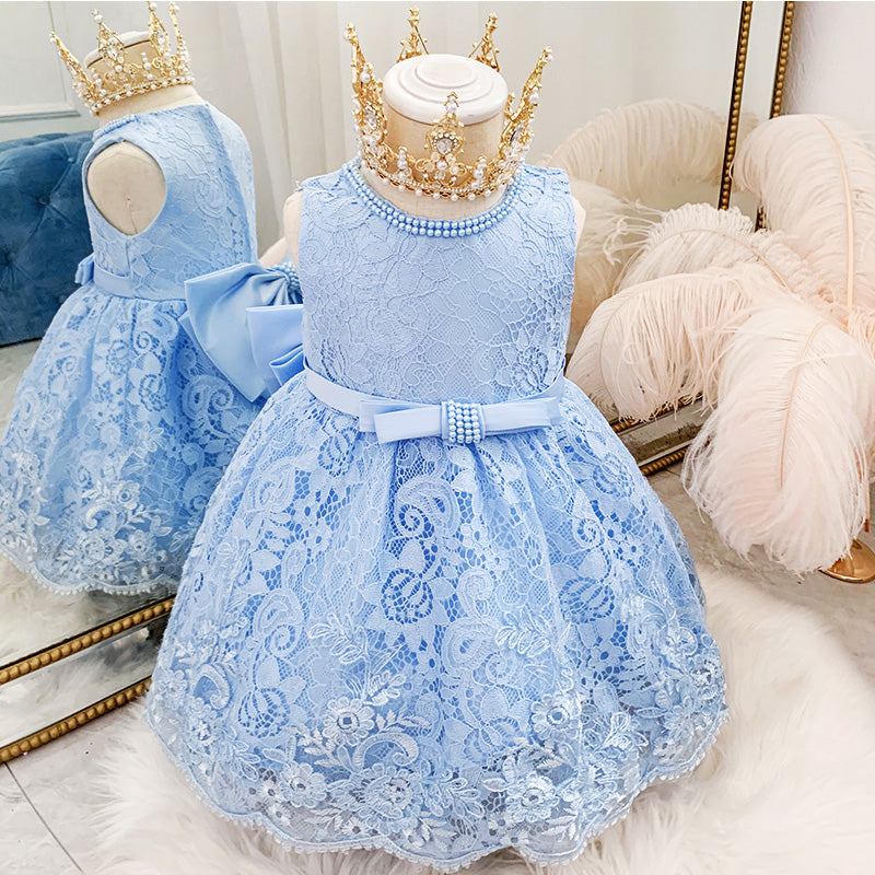 Robe de Princesse pour Bébé Fille Robe sans Manches en Dentelle Nœud Papillon Robe de Soirée d'Anniversaire Robe de Bal pour Fille