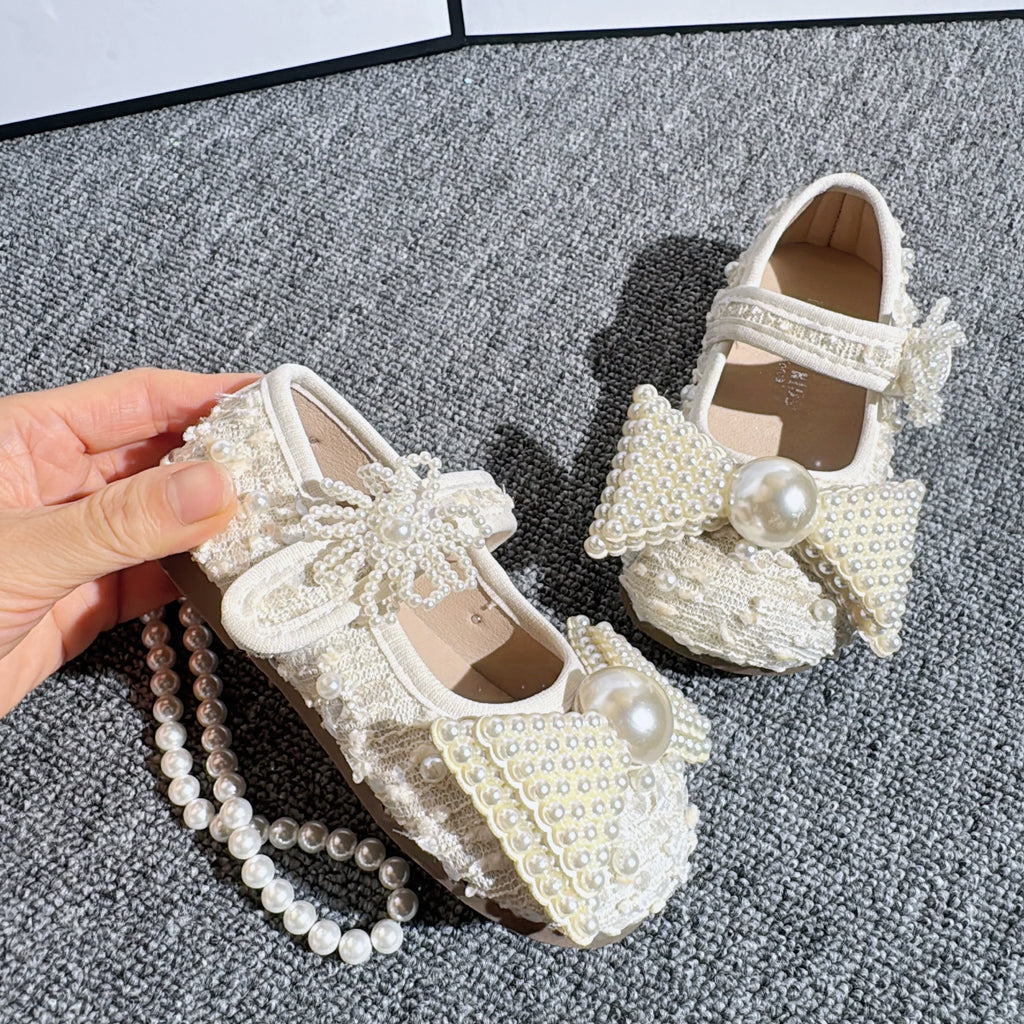 Chaussures en cuir souple de princesse pour fille à perles et papillons