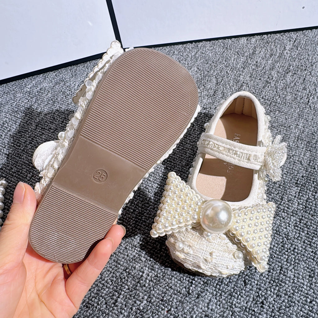 Chaussures en cuir souple de princesse pour fille à perles et papillons