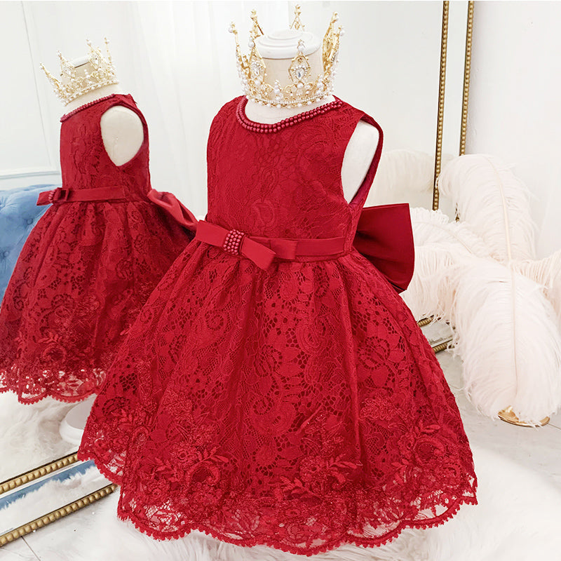 Robe de Princesse pour Bébé Fille Robe sans Manches en Dentelle Nœud Papillon Robe de Soirée d'Anniversaire Robe de Bal pour Fille
