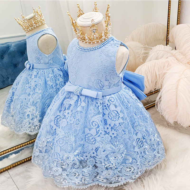 Robe de Princesse pour Bébé Fille Robe sans Manches en Dentelle Nœud Papillon Robe de Soirée d'Anniversaire Robe de Bal pour Fille