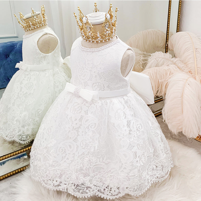 Robe de Princesse pour Bébé Fille Robe sans Manches en Dentelle Nœud Papillon Robe de Soirée d'Anniversaire Robe de Bal pour Fille