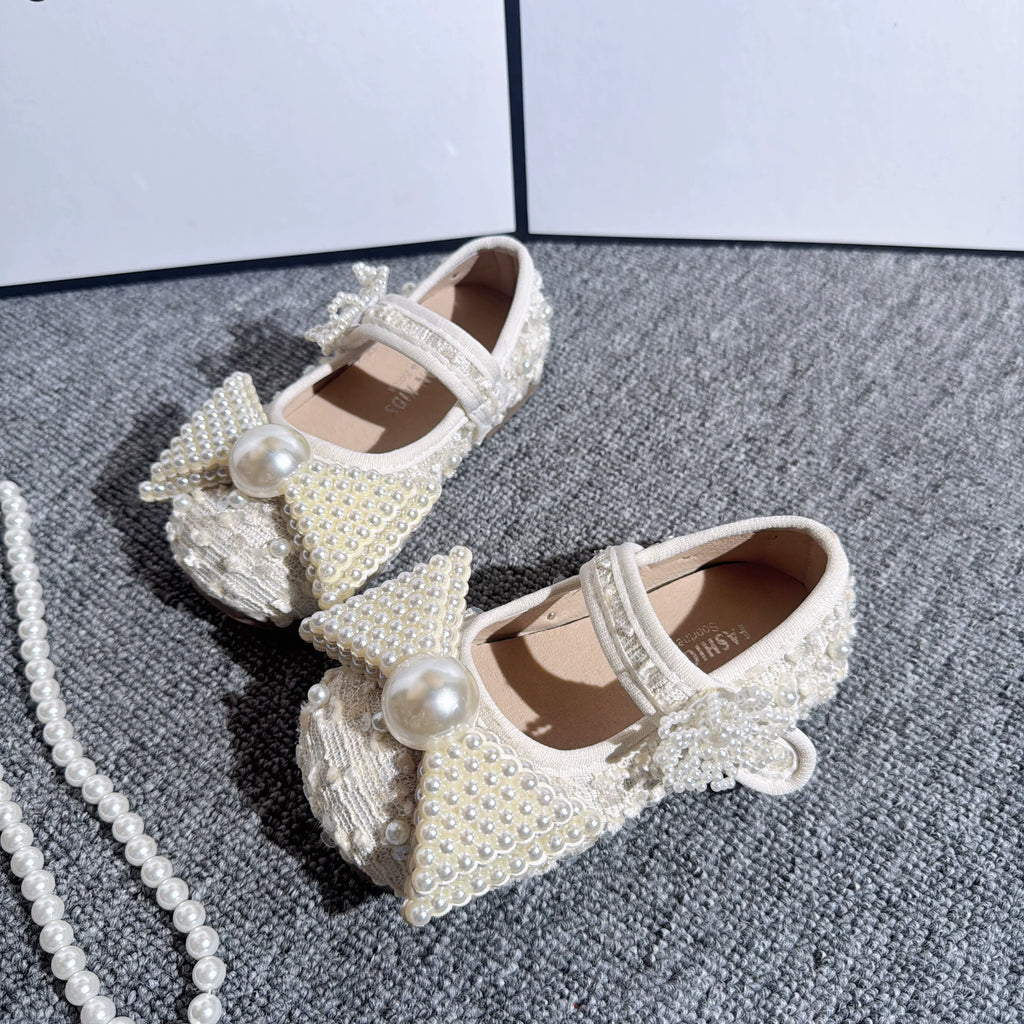 Chaussures en cuir souple de princesse pour fille à perles et papillons